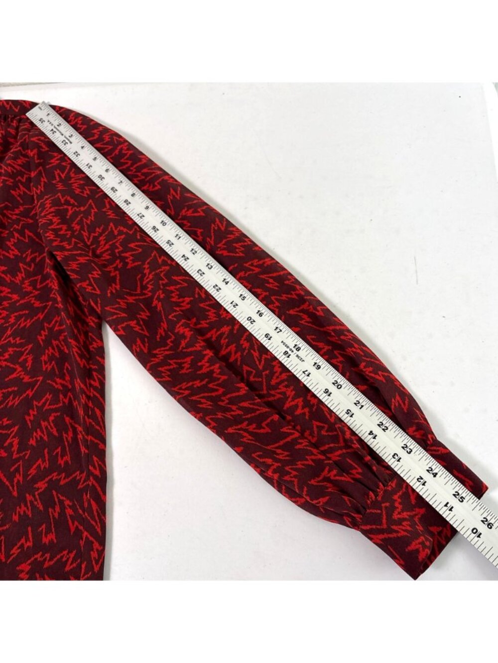 Reiss Pippa Ruffled Zig Zag Printed Blouse Womens 12 Red Semi-Sheer Top - Picture 10 of 12